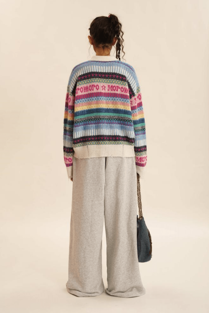 Polo Neck Colorful Stripe Fair Isle Knit Cardigan - COPPING THREADS - MOROMORO