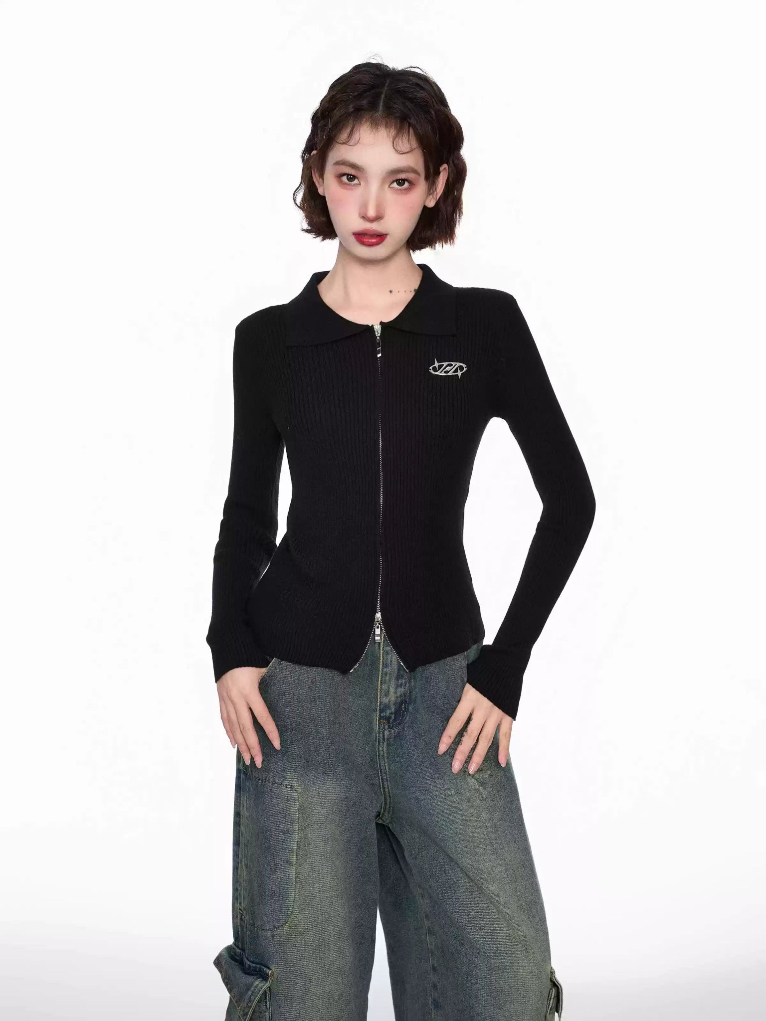 Polo Neck Double Zipper Long Sleeve Knit Sweater - COPPING THREADS - CT Select