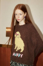 Puppy Embroidered Round Neck Knit Sweater - COPPING THREADS - GREENBELT