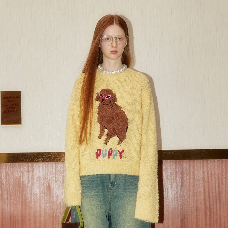 Puppy Embroidered Round Neck Knit Sweater - COPPING THREADS - GREENBELT