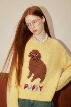 Puppy Embroidered Round Neck Knit Sweater - COPPING THREADS - GREENBELT