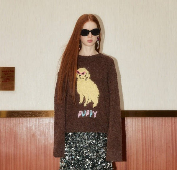 Puppy Embroidered Round Neck Knit Sweater - COPPING THREADS - GREENBELT