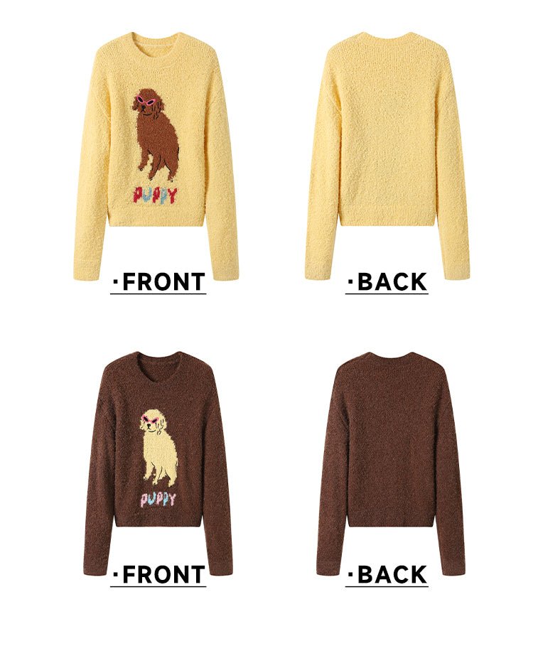 Puppy Embroidered Round Neck Knit Sweater - COPPING THREADS - GREENBELT