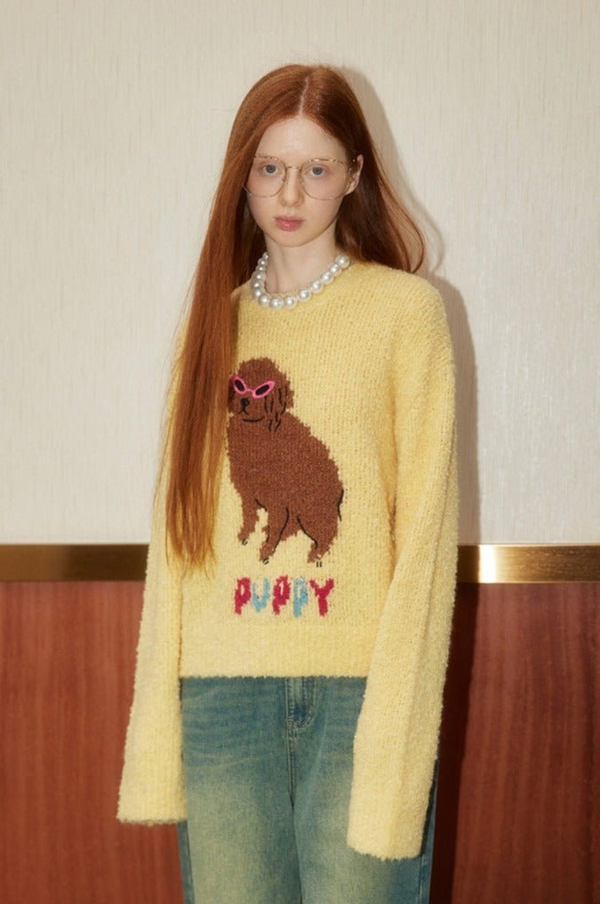 Puppy Embroidered Round Neck Knit Sweater - COPPING THREADS - GREENBELT