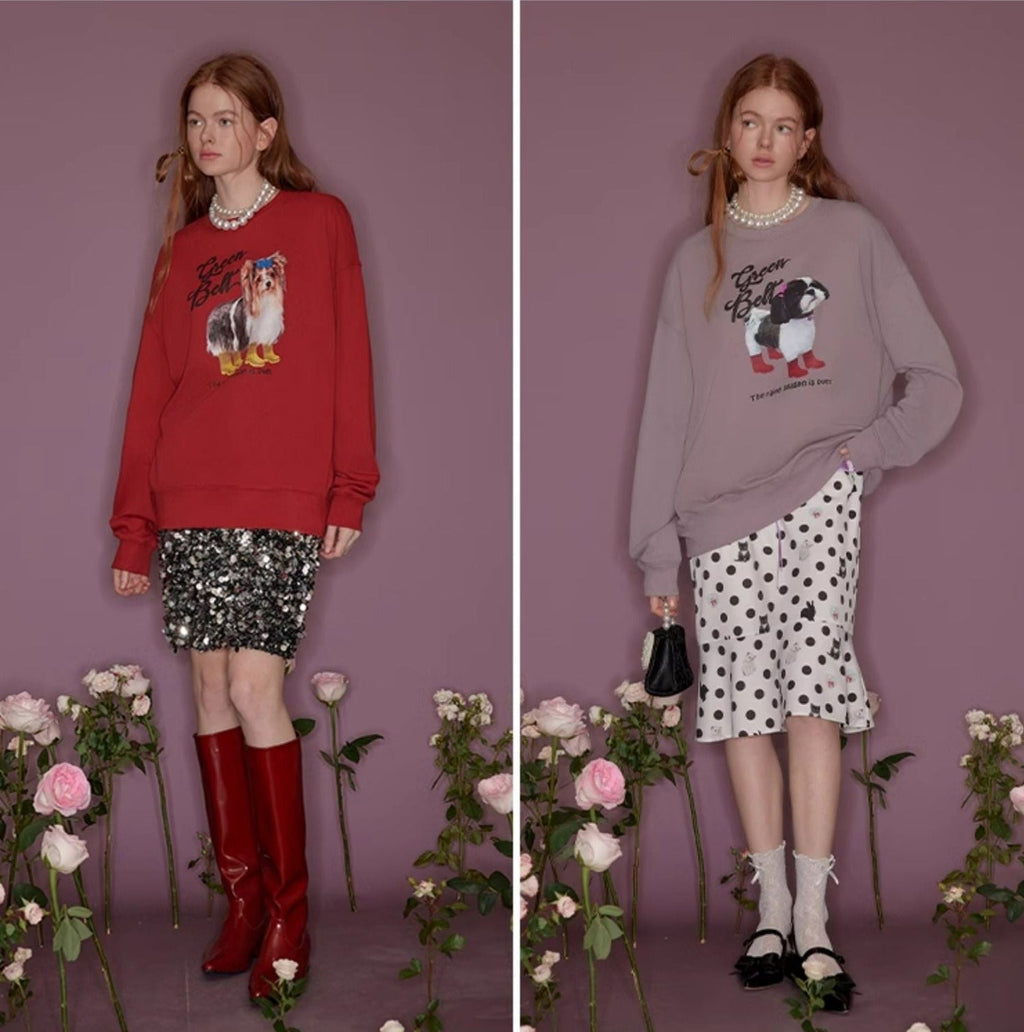 Puppy Print Round Neck Long Sleeve Sweatshirt - COPPING THREADS - GREENBELT