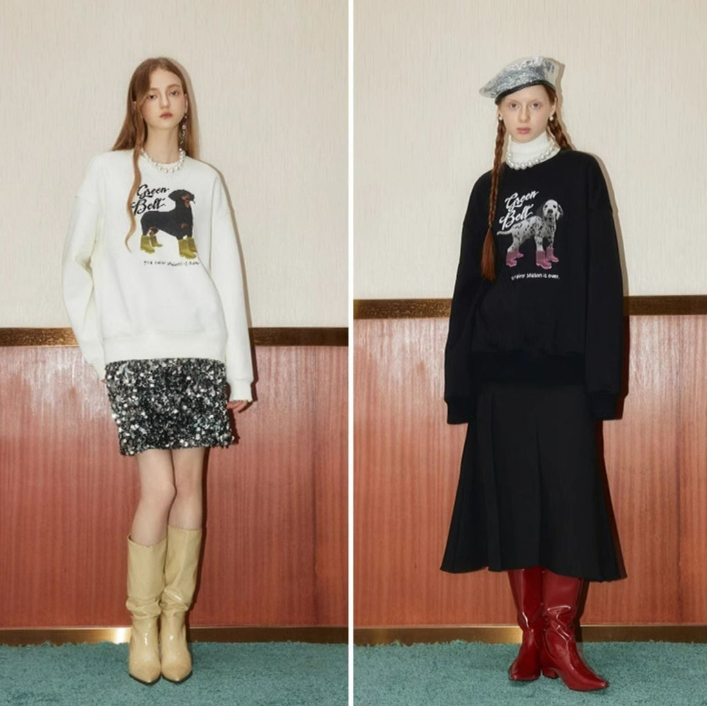 Puppy Print Round Neck Long Sleeve Sweatshirt - COPPING THREADS - GREENBELT