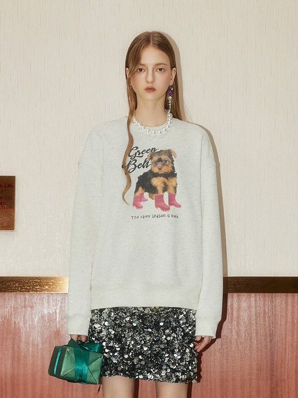 Puppy Print Round Neck Long Sleeve Sweatshirt - COPPING THREADS - GREENBELT