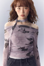 Purple Butterfly Rose Print Mesh Long Sleeve Tee - COPPING THREADS - SUNSETPARK