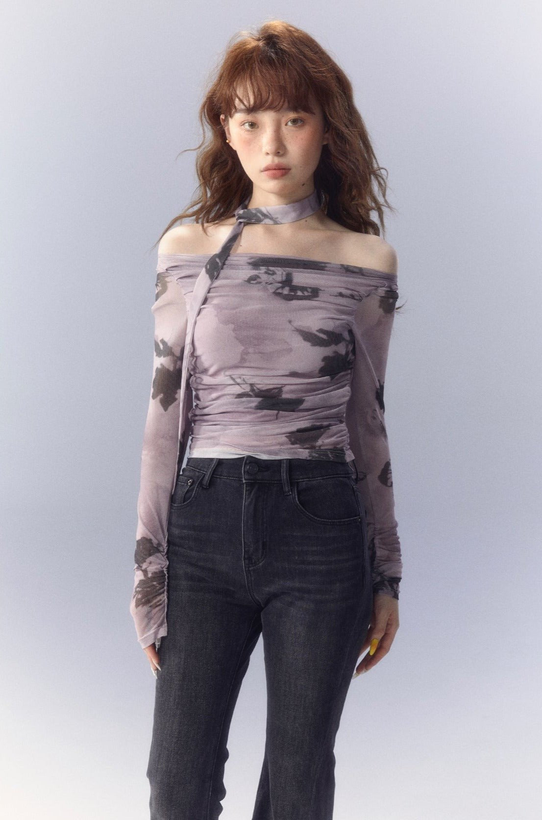 Purple Butterfly Rose Print Mesh Long Sleeve Tee - COPPING THREADS - SUNSETPARK