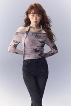 Purple Butterfly Rose Print Mesh Long Sleeve Tee - COPPING THREADS - SUNSETPARK
