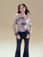 Purple Butterfly Rose Print Mesh Long Sleeve Tee - COPPING THREADS - SUNSETPARK