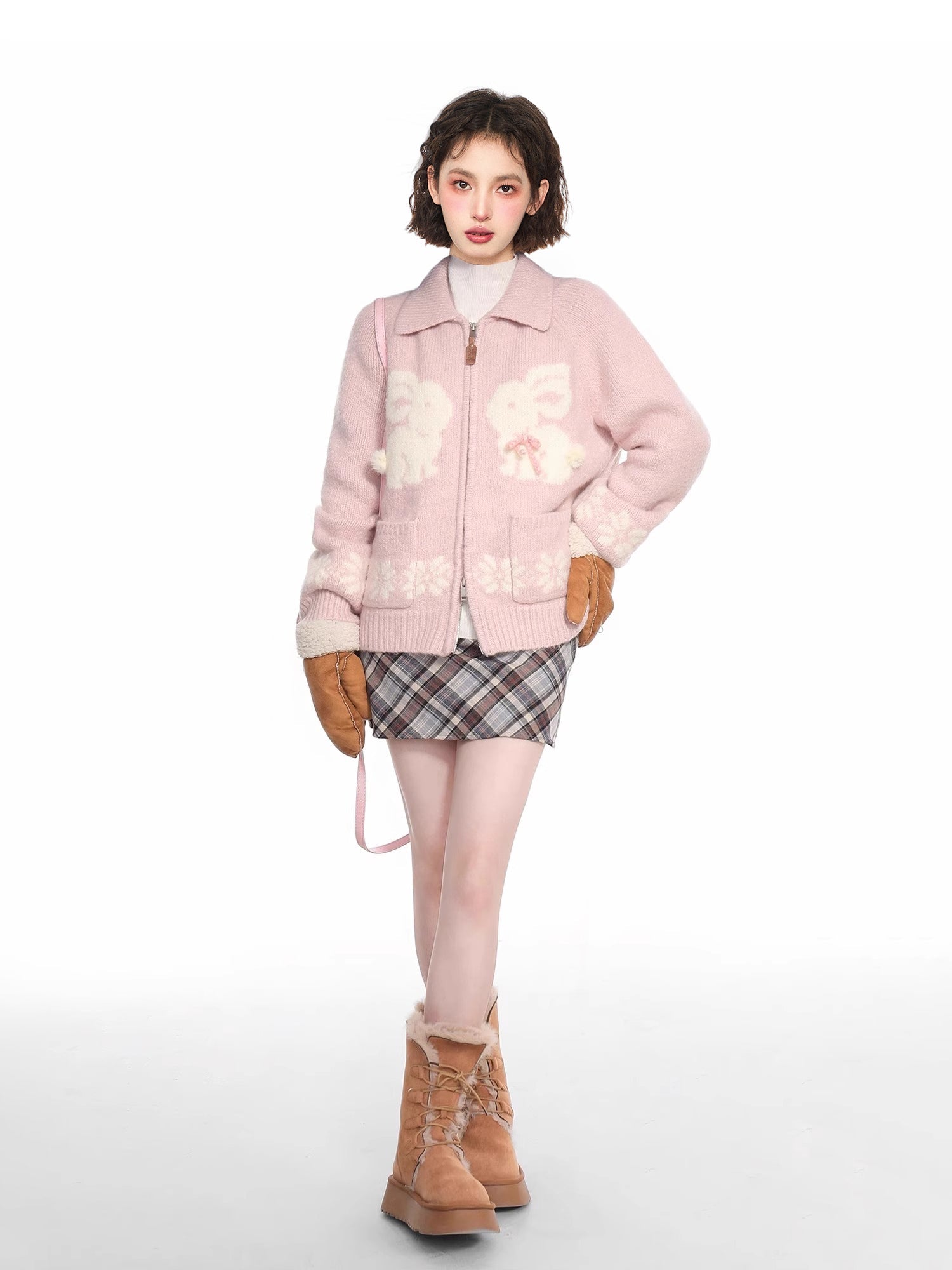 Strickjacke mit Kaninchen-Grafik und Doppelreißverschluss Zweitbild