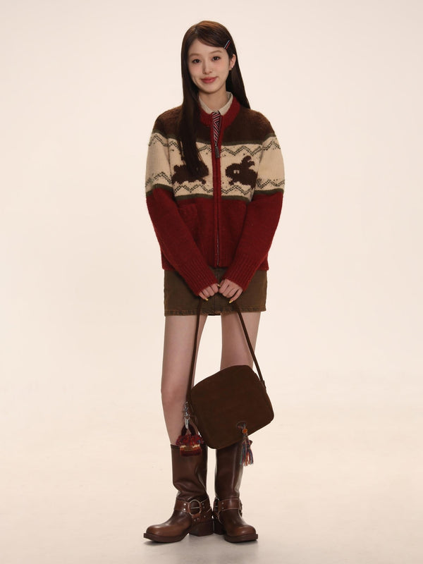 Rabbit Jacquard Zipper Knitted Cardigan - COPPING THREADS - MOROMORO