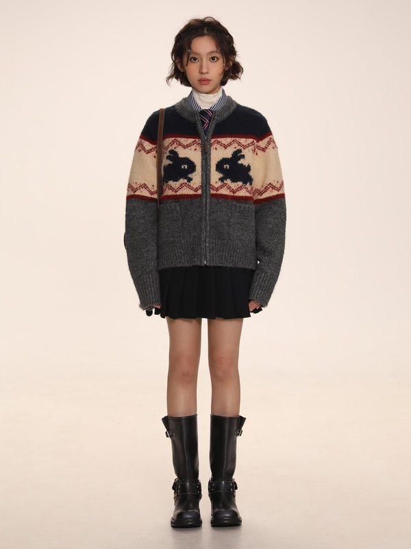 Rabbit Jacquard Zipper Knitted Cardigan - COPPING THREADS - MOROMORO