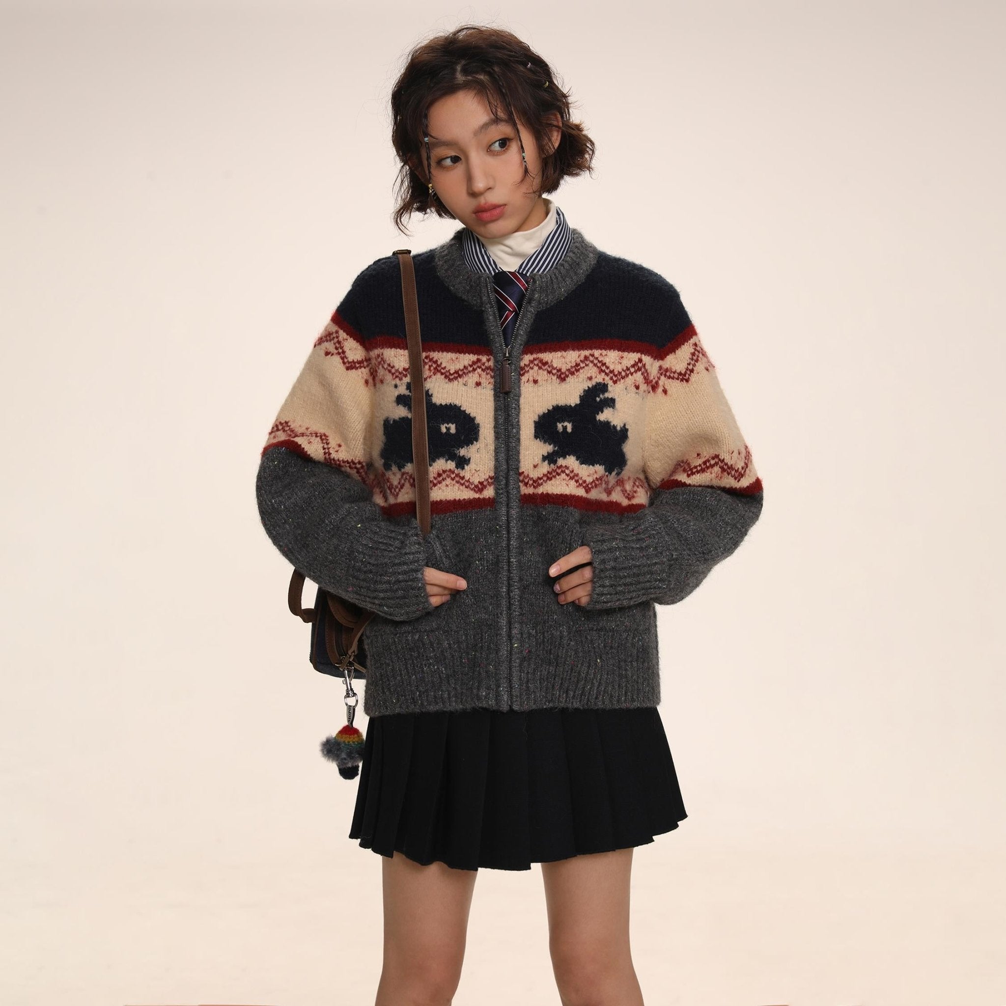 Rabbit Jacquard Zipper Knitted Cardigan - COPPING THREADS - MOROMORO