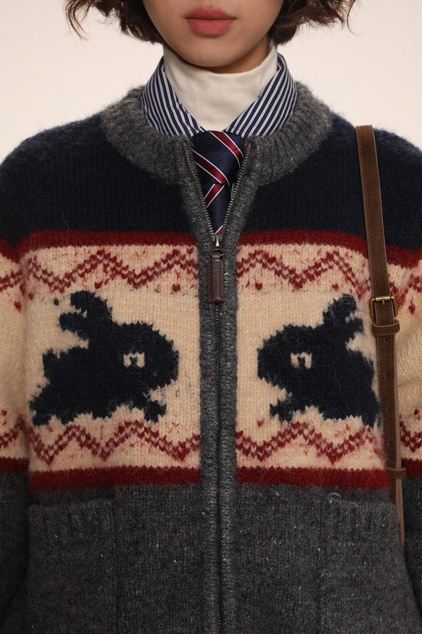 Rabbit Jacquard Zipper Knitted Cardigan - COPPING THREADS - MOROMORO