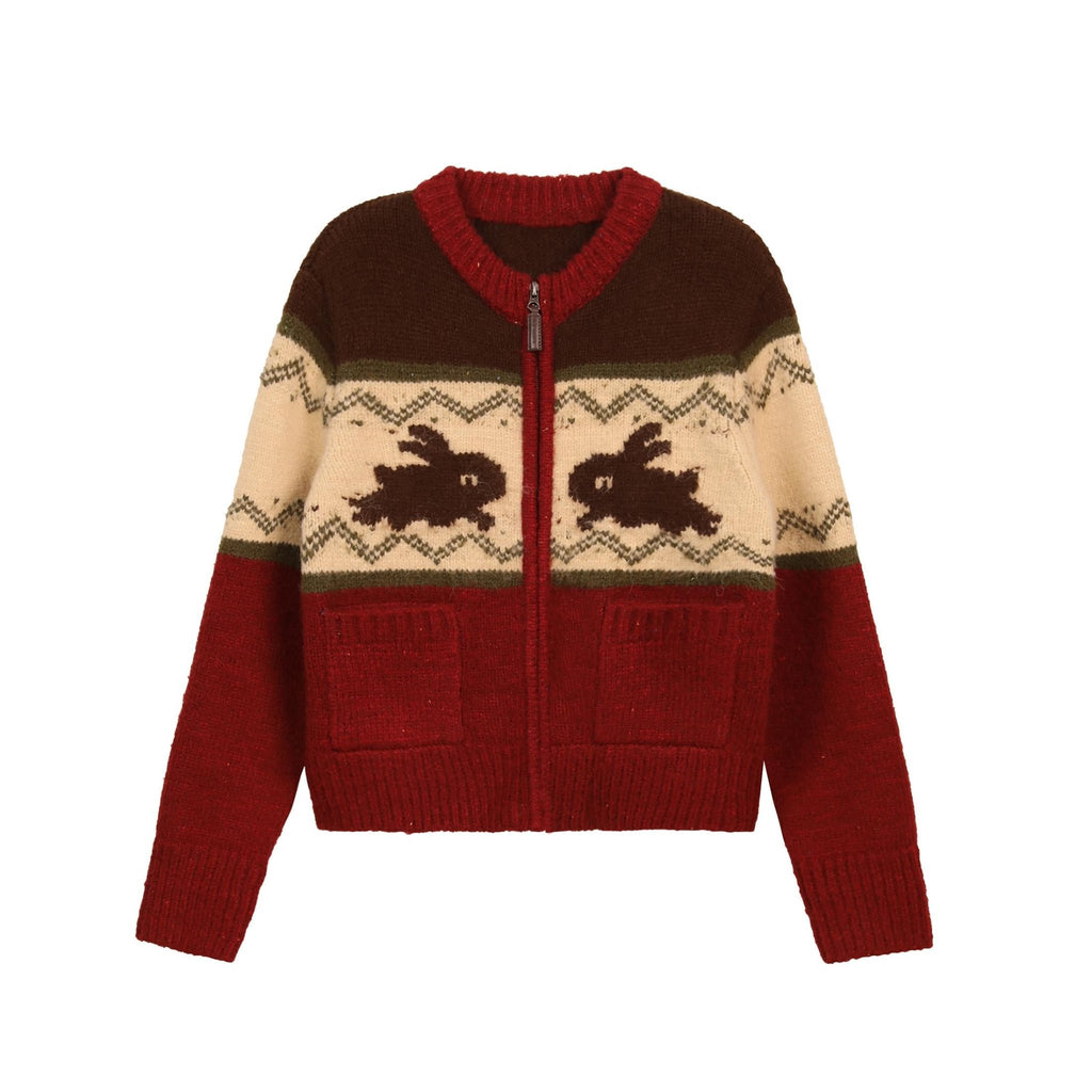 Rabbit Jacquard Zipper Knitted Cardigan - COPPING THREADS - MOROMORO