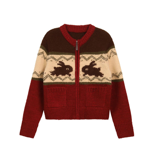 Rabbit Jacquard Zipper Knitted Cardigan - COPPING THREADS - MOROMORO