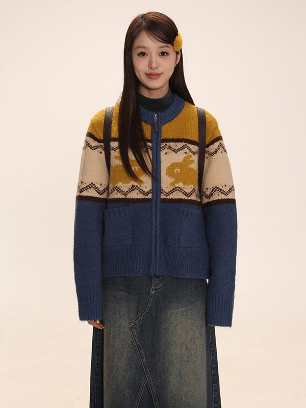 Rabbit Jacquard Zipper Knitted Cardigan - COPPING THREADS - MOROMORO