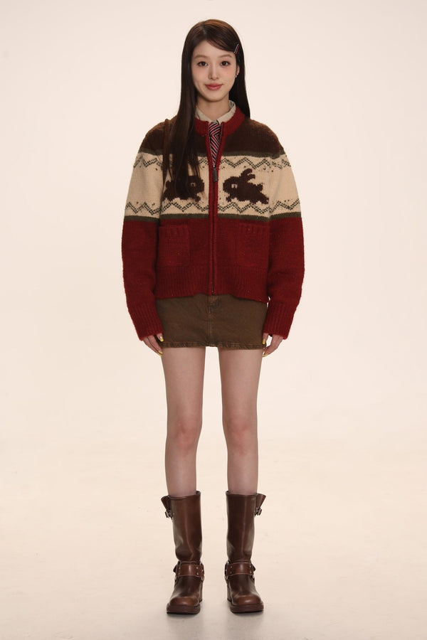 Rabbit Jacquard Zipper Knitted Cardigan - COPPING THREADS - MOROMORO