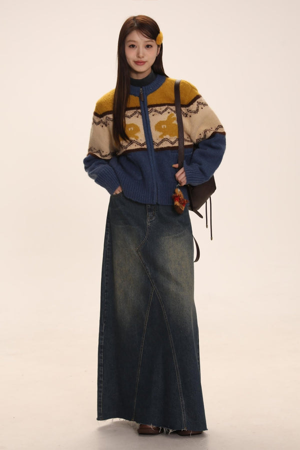 Rabbit Jacquard Zipper Knitted Cardigan - COPPING THREADS - MOROMORO