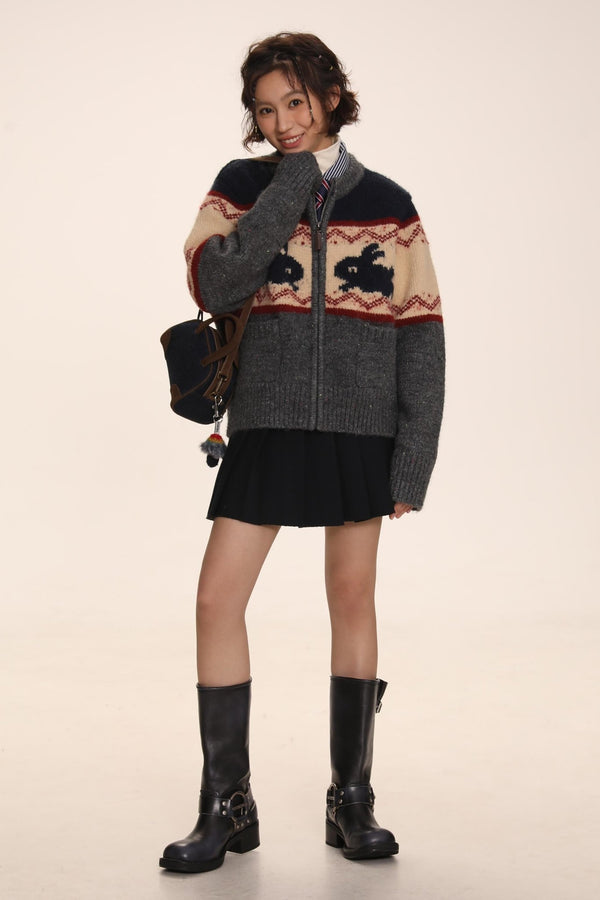Rabbit Jacquard Zipper Knitted Cardigan - COPPING THREADS - MOROMORO