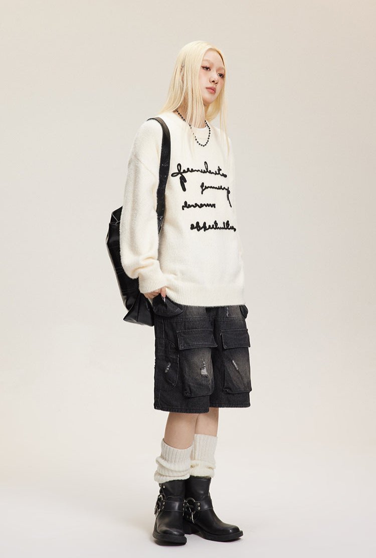 Raised Letter Knit Print Crewneck Sweater - COPPING THREADS - CATTEE