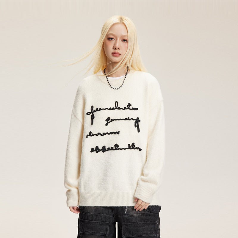 Raised Letter Knit Print Crewneck Sweater - COPPING THREADS - CATTEE