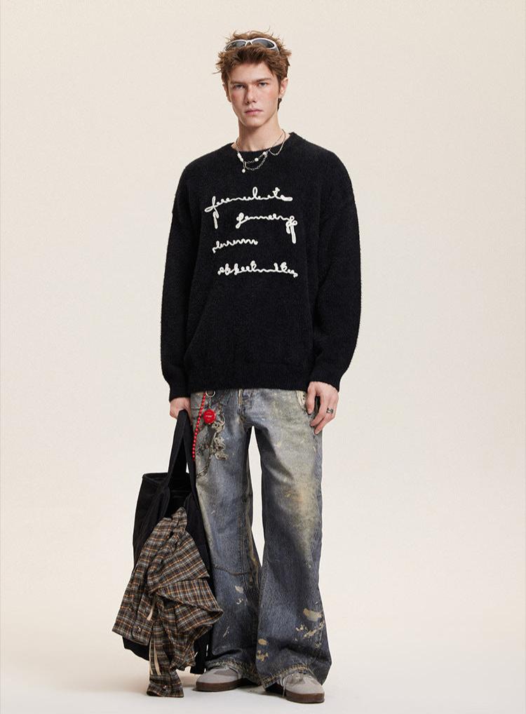 Raised Letter Knit Print Crewneck Sweater - COPPING THREADS - CATTEE