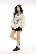 Retro 17 Graphic V - Neck Knit Sweater - COPPING THREADS - CHICISLAND
