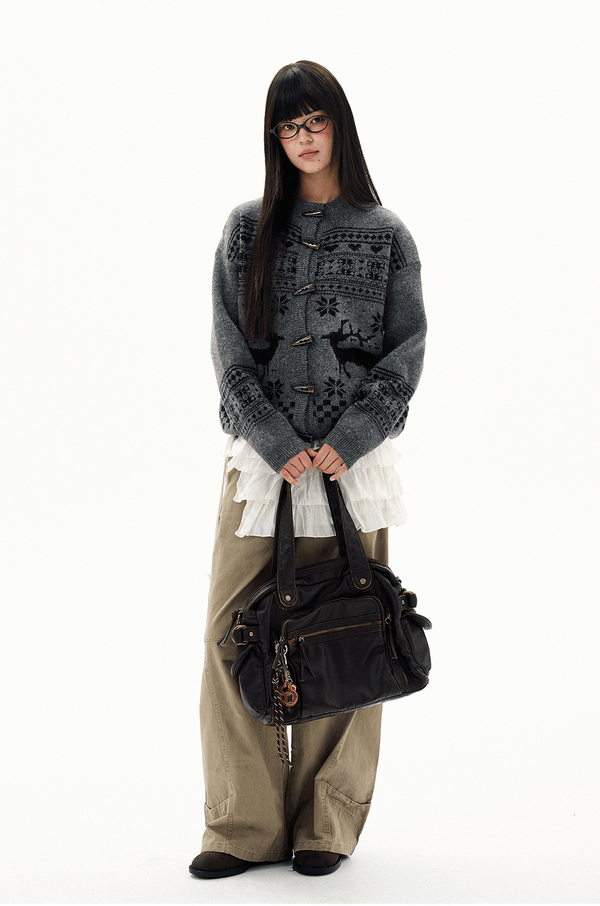 Retro Antler Jacquard Fair Isle Toggle Knit Cardigan - COPPING THREADS - CHICISLAND