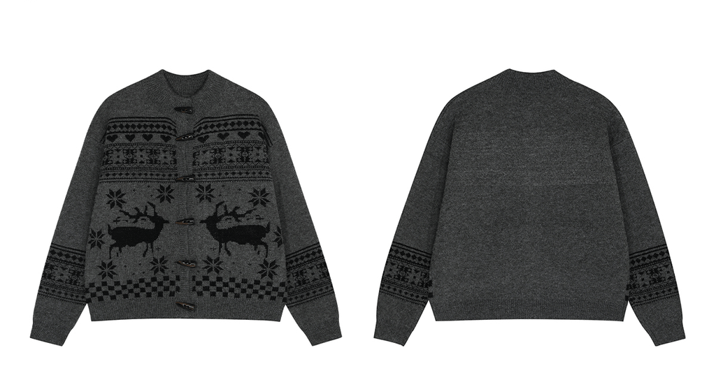 Retro Antler Jacquard Fair Isle Toggle Knit Cardigan - COPPING THREADS - CHICISLAND