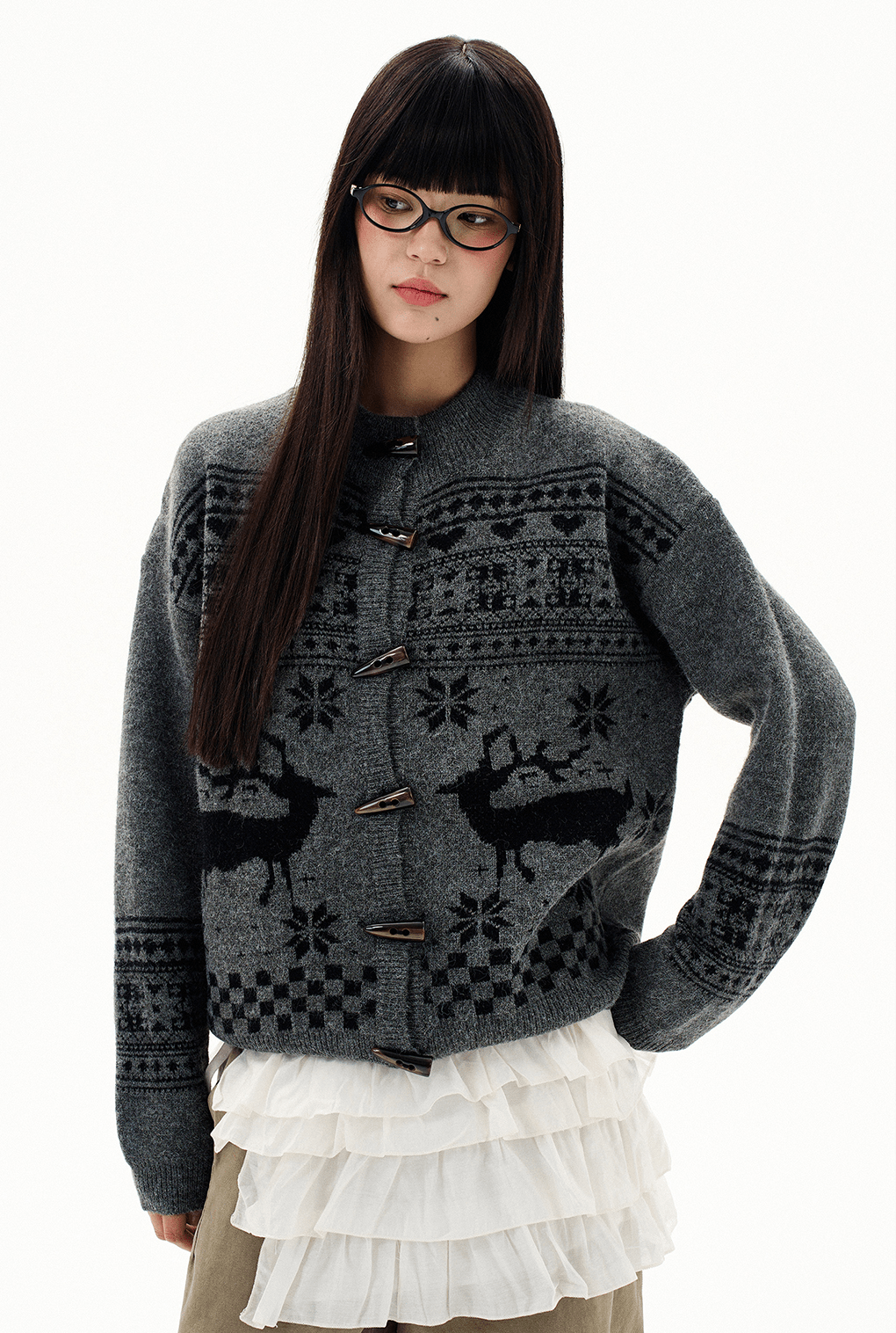 Retro Antler Jacquard Fair Isle Toggle Knit Cardigan - COPPING THREADS - CHICISLAND