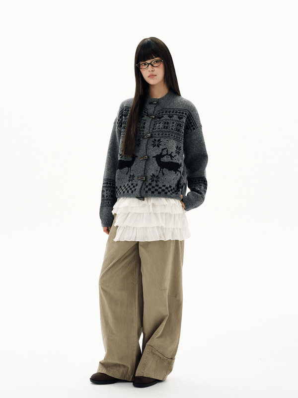 Retro Antler Jacquard Fair Isle Toggle Knit Cardigan - COPPING THREADS - CHICISLAND