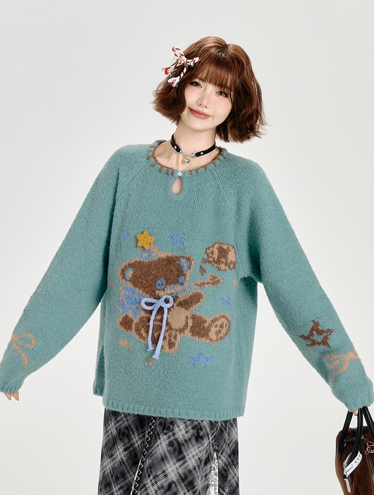 Retro Bear Graphic Handcrafted Round Neck Knit Sweater - COPPING THREADS - CT Select