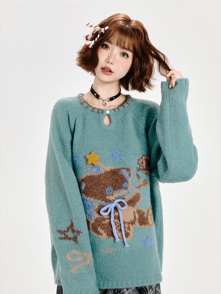 Retro Bear Graphic Handcrafted Round Neck Knit Sweater - COPPING THREADS - CT Select