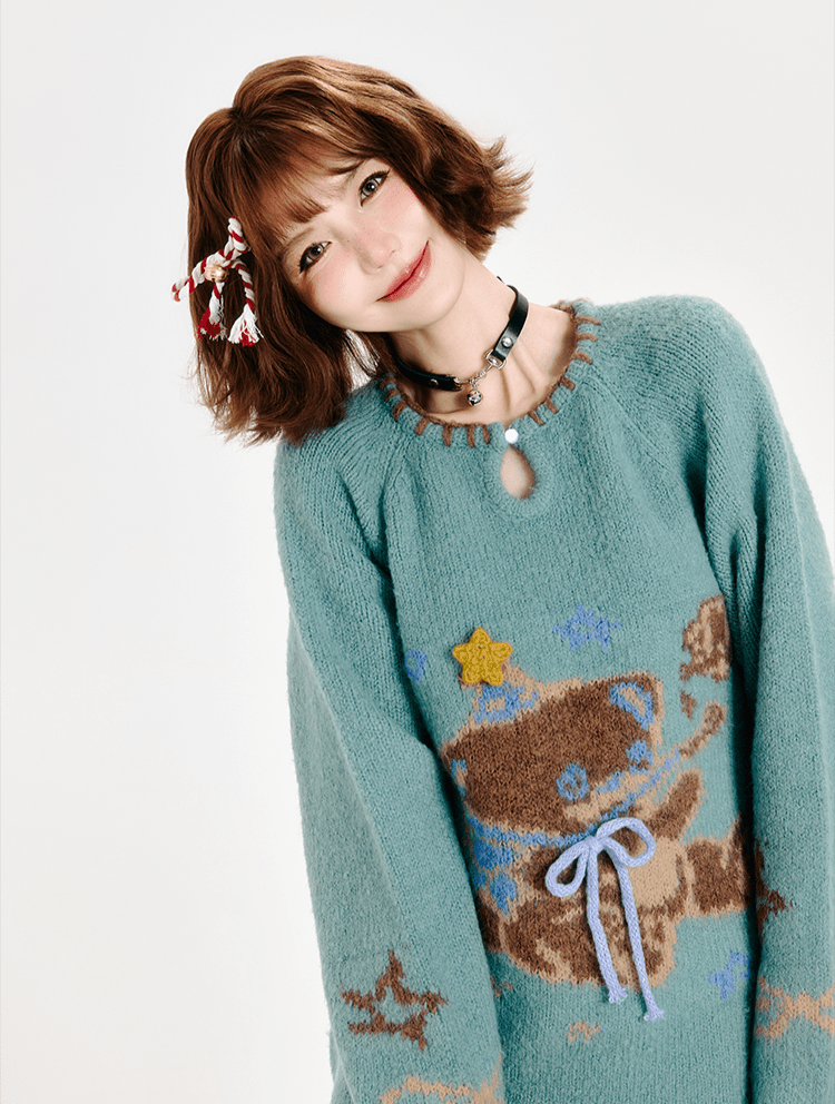 Retro Bear Graphic Handcrafted Round Neck Knit Sweater - COPPING THREADS - CT Select