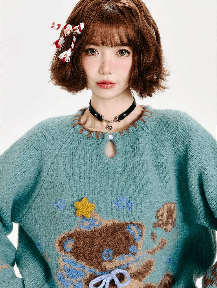 Retro Bear Graphic Handcrafted Round Neck Knit Sweater - COPPING THREADS - CT Select