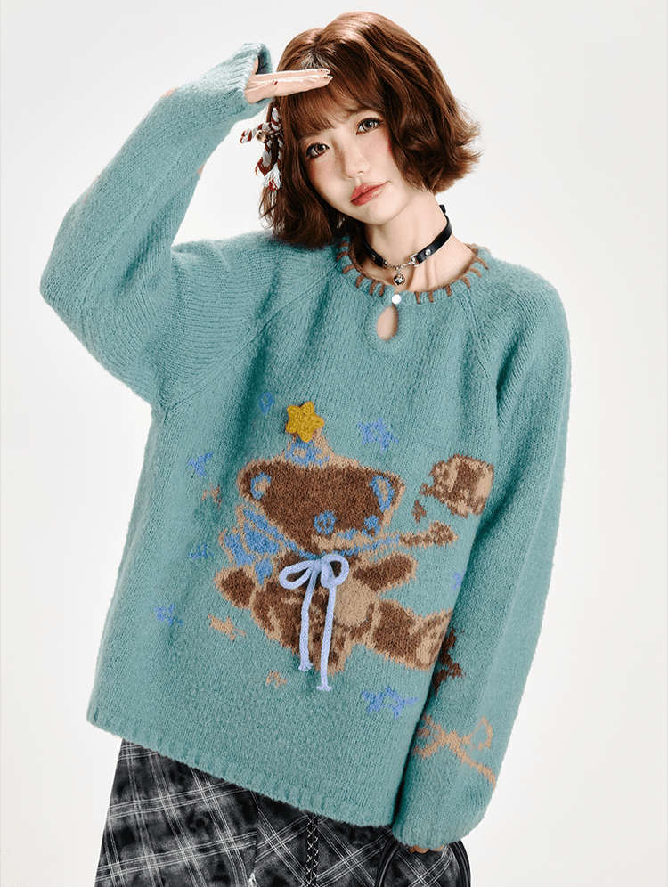 Handgefertigter Rundhals-Strickpullover mit Retro-Bärengrafik Zweitbild