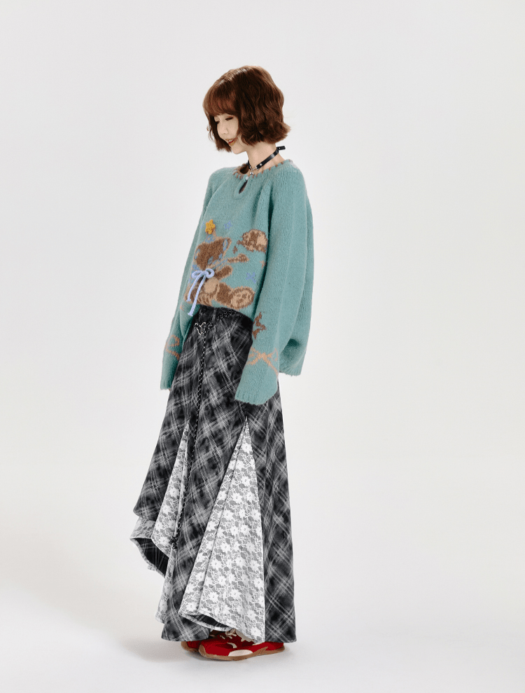 Retro Bear Graphic Handcrafted Round Neck Knit Sweater - COPPING THREADS - CT Select