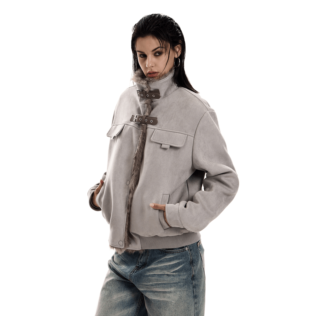 Retro Buckle Collar Faux Suede Puffer Jacket - COPPING THREADS - 0123Start