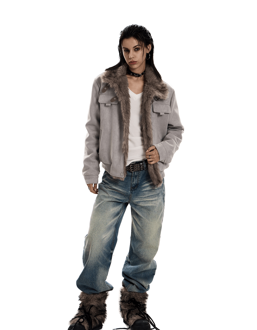 Retro Buckle Collar Faux Suede Puffer Jacket - COPPING THREADS - 0123Start