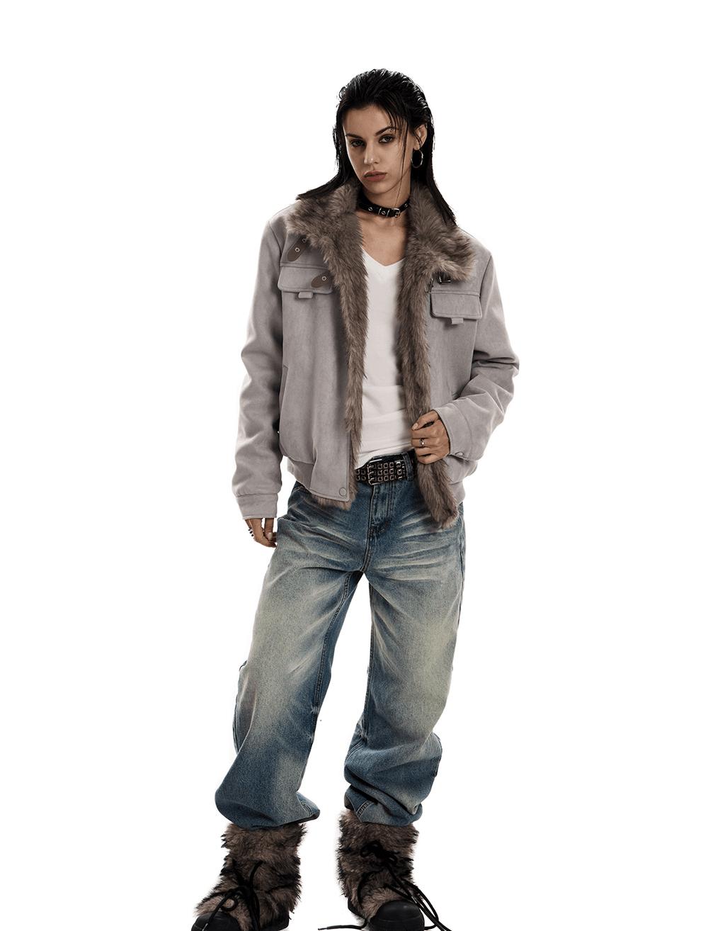 Retro Buckle Collar Faux Suede Puffer Jacket - COPPING THREADS - 0123Start