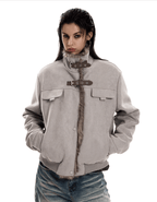 Retro Buckle Collar Faux Suede Puffer Jacket - COPPING THREADS - 0123Start