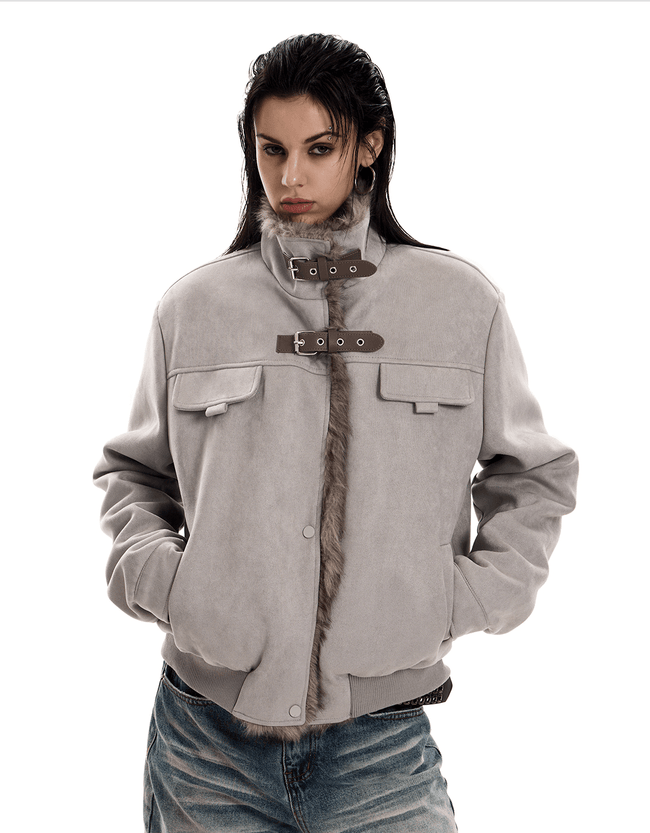Retro Buckle Collar Faux Suede Puffer Jacket - COPPING THREADS - 0123Start Hover Image