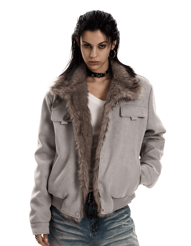 Retro Buckle Collar Faux Suede Puffer Jacket Main Image