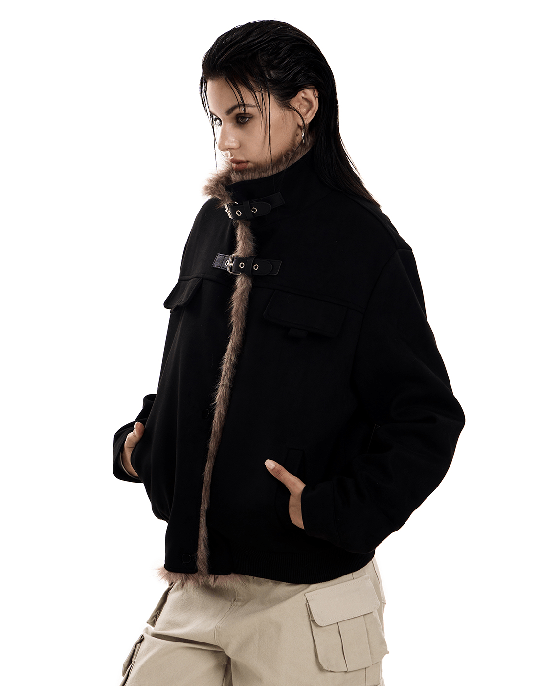 Retro Buckle Collar Faux Suede Puffer Jacket - COPPING THREADS - 0123Start