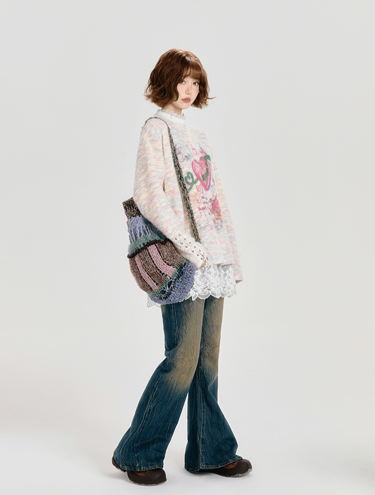 Retro Cartoon Heart Graffiti Crewneck Sweater - COPPING THREADS - CT Select