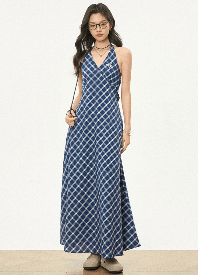 Retro Checkered Halter Neck Bodycon Dress - COPPING THREADS - WES1 Hover Image