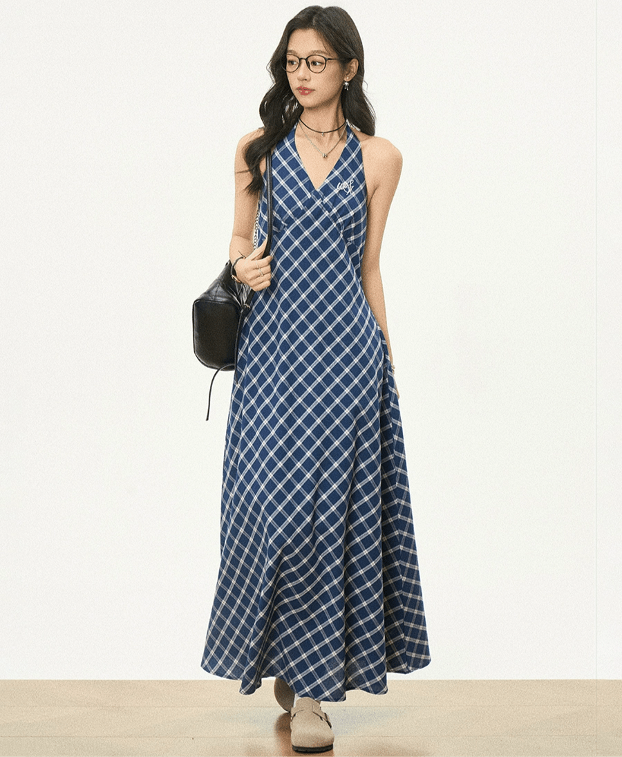 Retro Checkered Halter Neck Bodycon Dress - COPPING THREADS - WES1